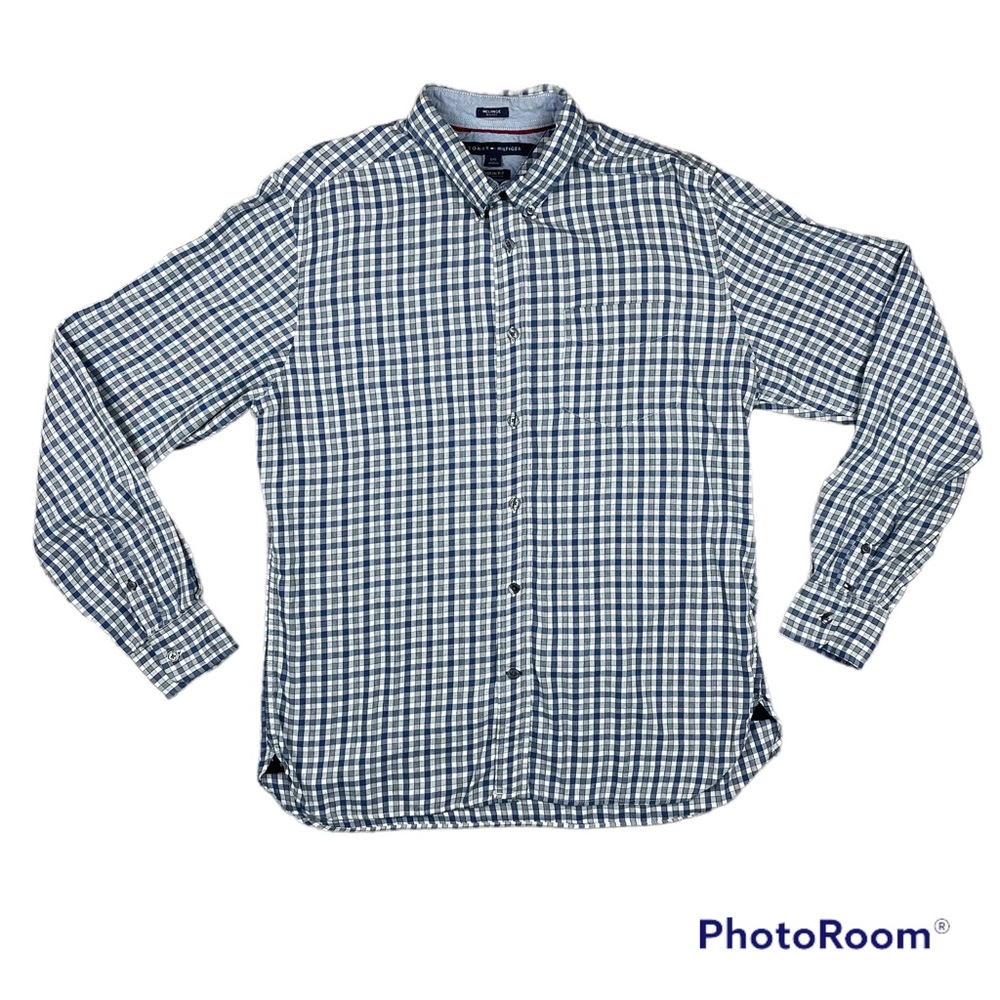 Tommy Hilfiger Men’s Melange Blue Plaid Custom Fit Button Down Shirt Size Large